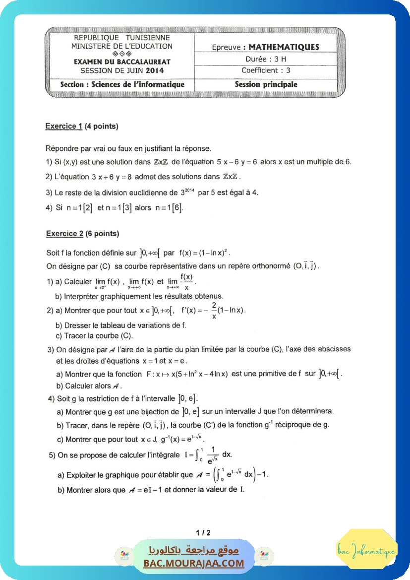 Sujet principale math Bac 2014 – Section info